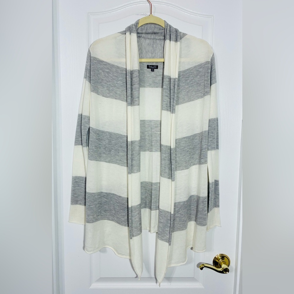 Splendid Cashmere Touch Striped Knit Drape Cardigan Gray & Ivory Size Small